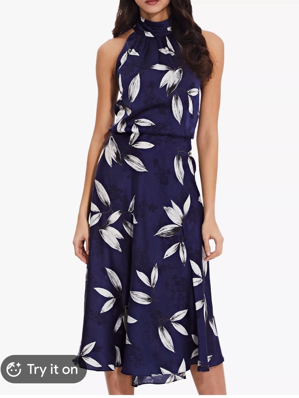Adrianna Papell 12  navy leaf print halter neck dress 👗